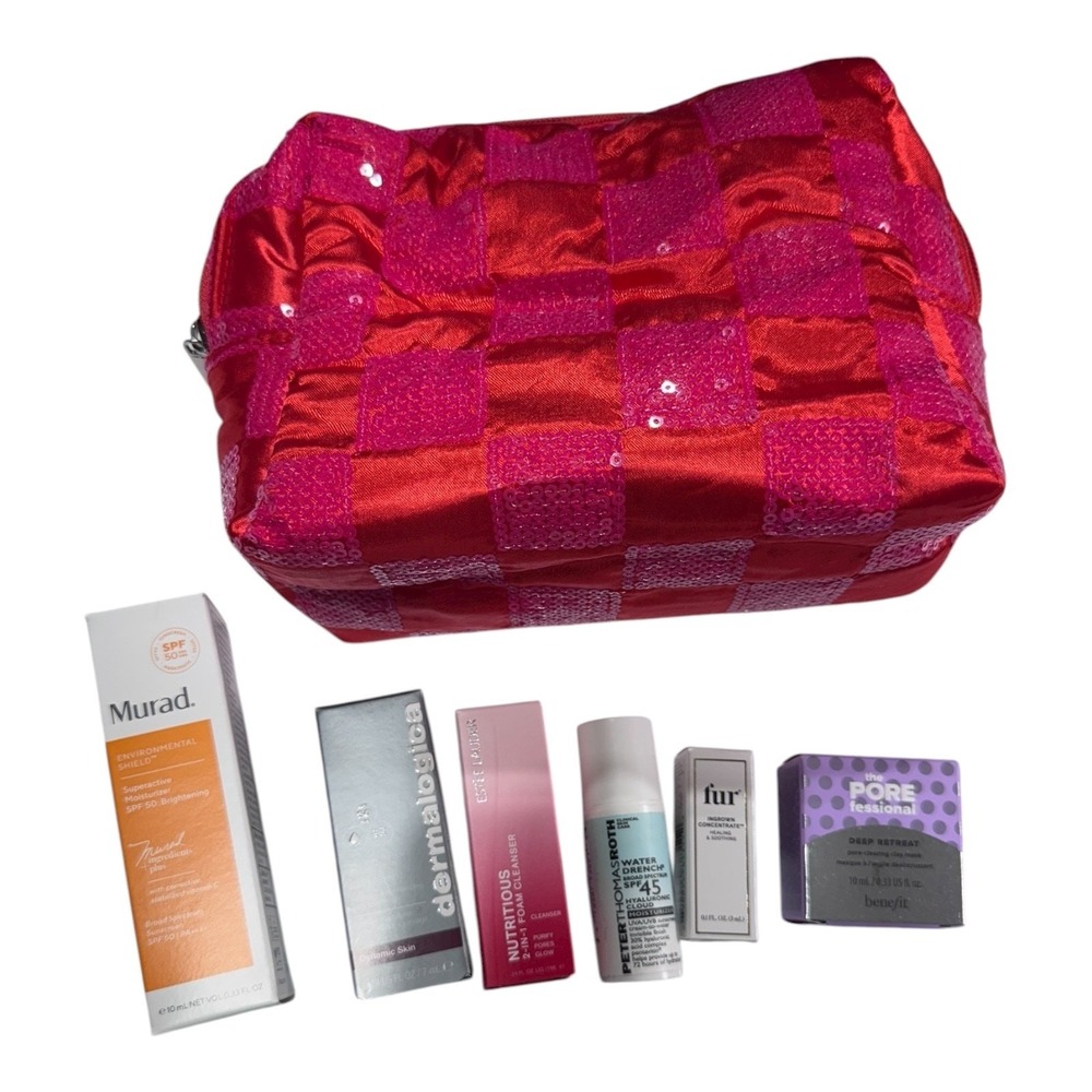 Holiday Glam Red Pink Sequin Bag Skin Care Murad Dermalogica Skincare Makeup Set